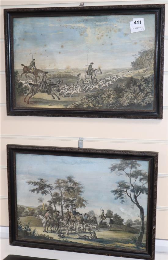 A set of four 18th century coloured engraving hunting prints, 27 x 43cm and another engraving, study of a